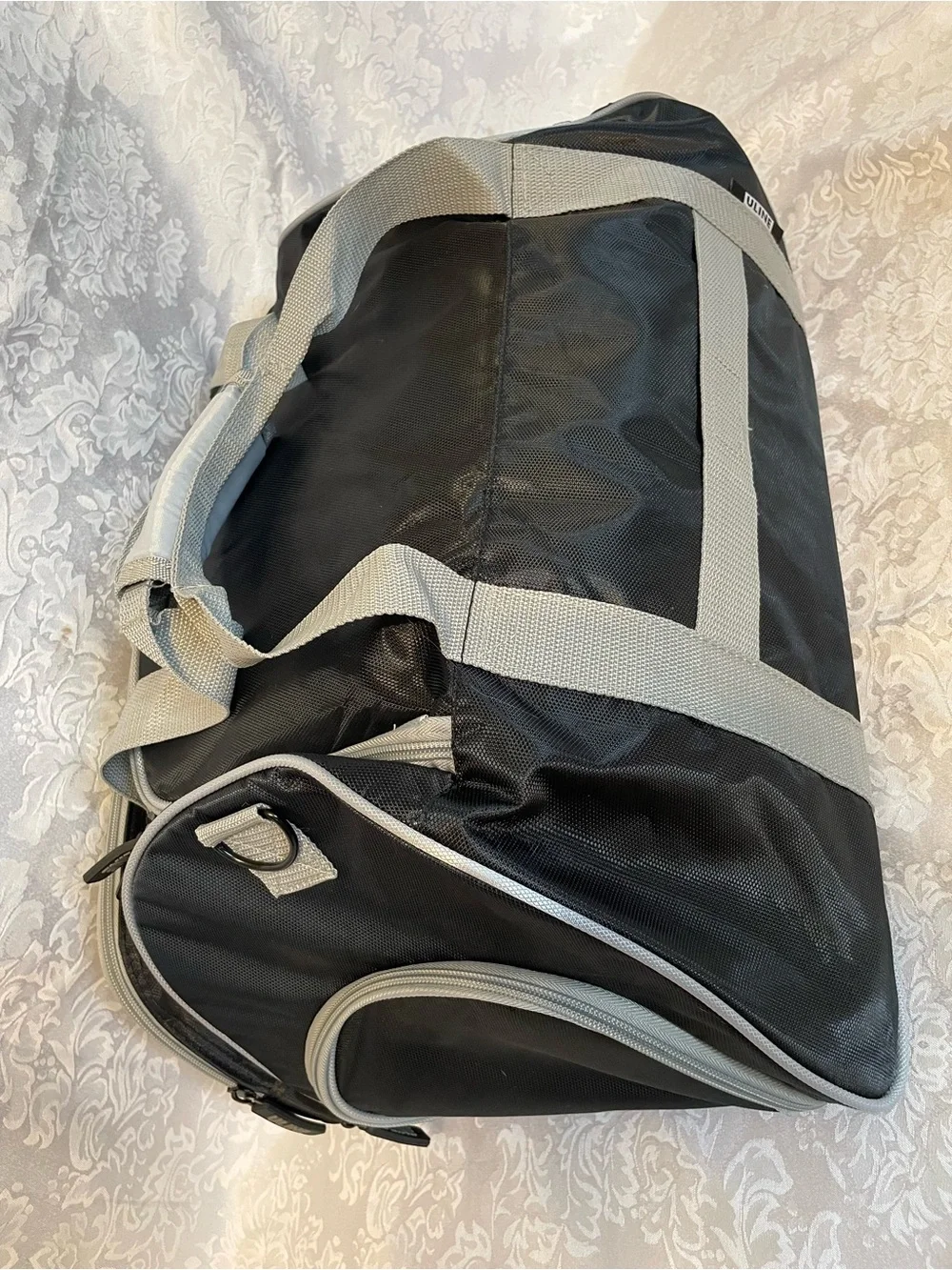 Men's Black Duffel Bag with Gray Straps - Classic Travel & Gym Bag